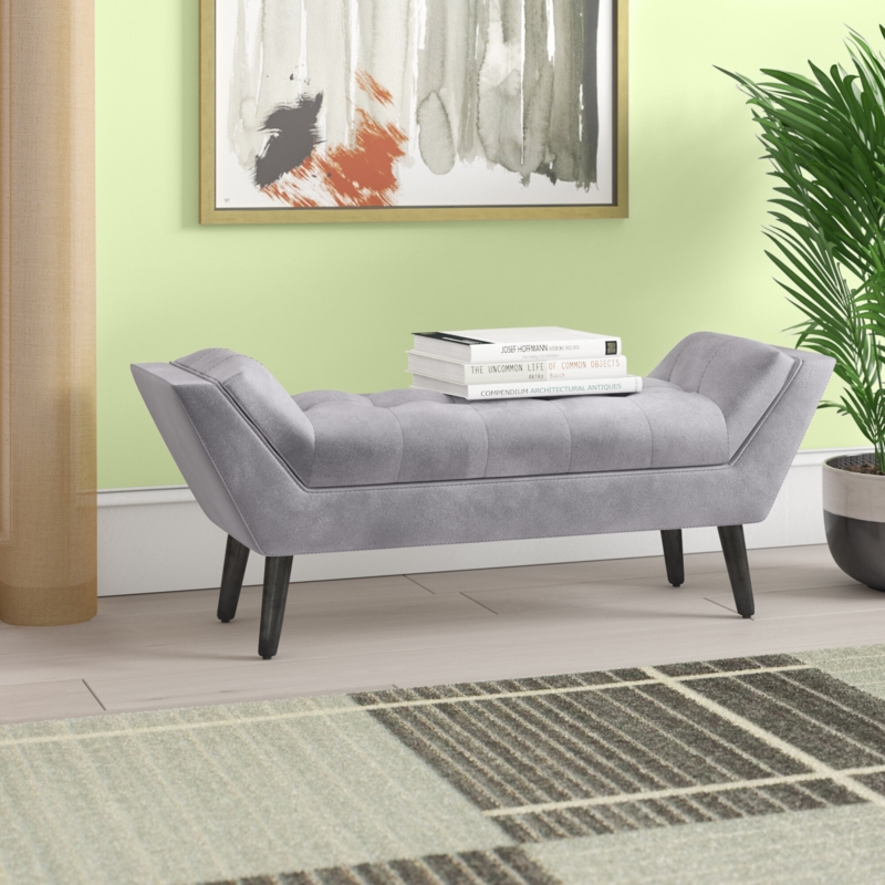 Velvet Upholstered Bench with Wood Legs