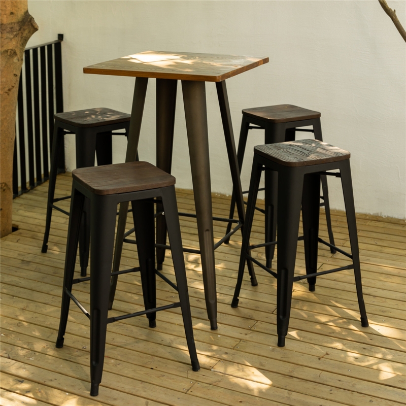 Industrial Metal Bar Stool with Elm Wood Seat