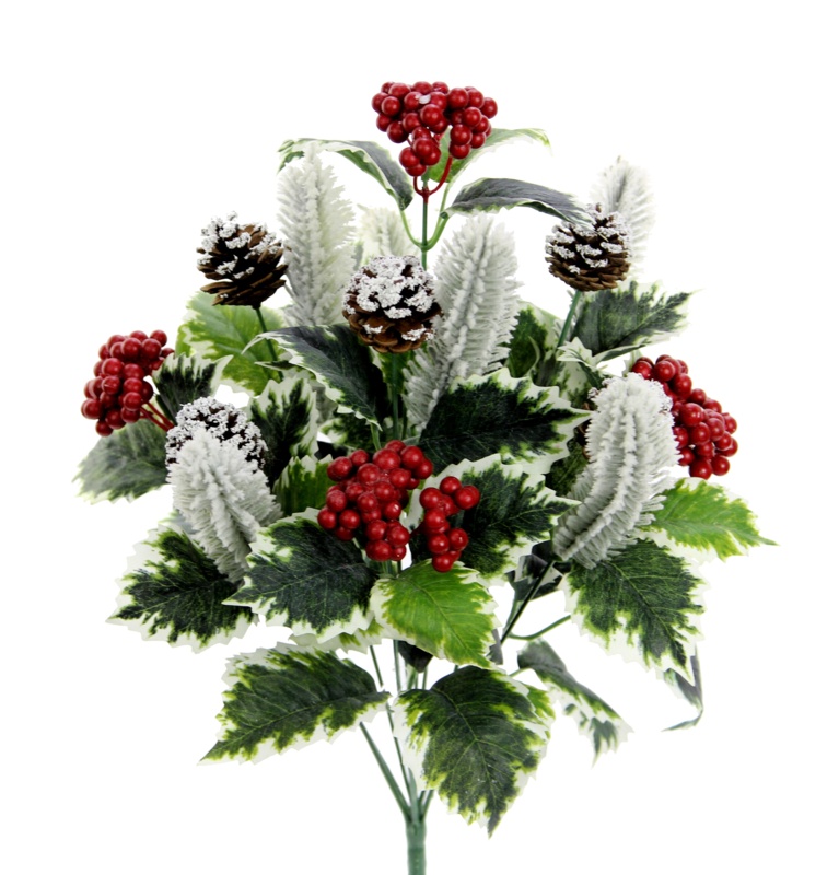 Artificial Holly Leaves, Red Berries and Pinecone Snow Bush