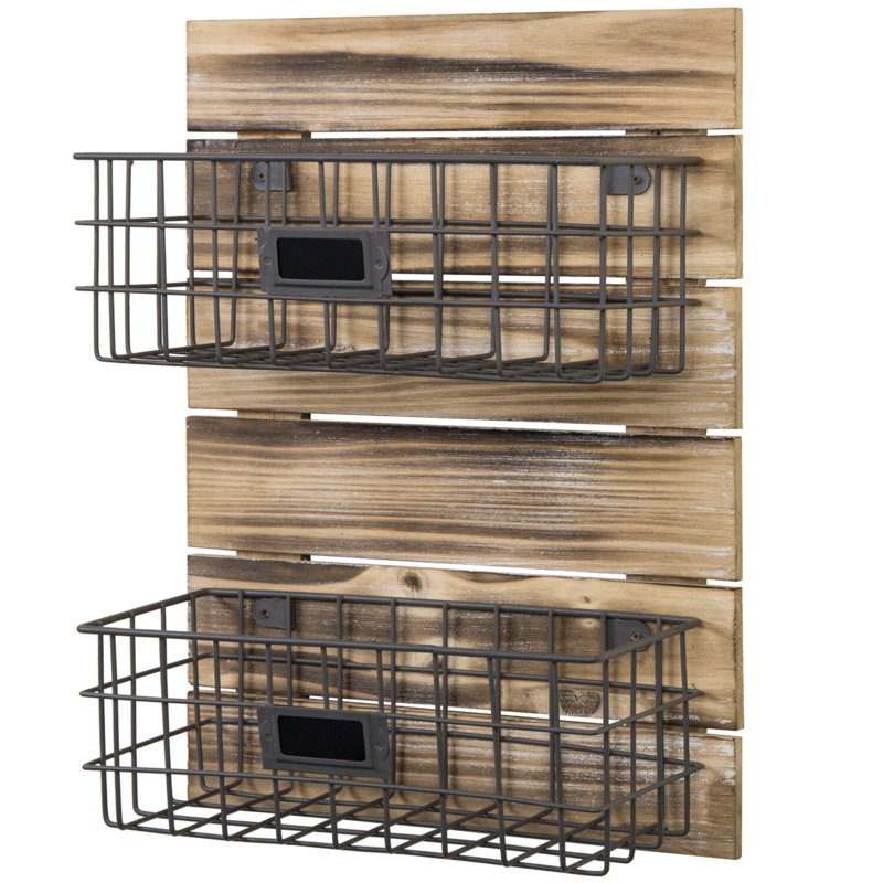 Rustic Wire Basket Rack with Weathered Wood Panel
