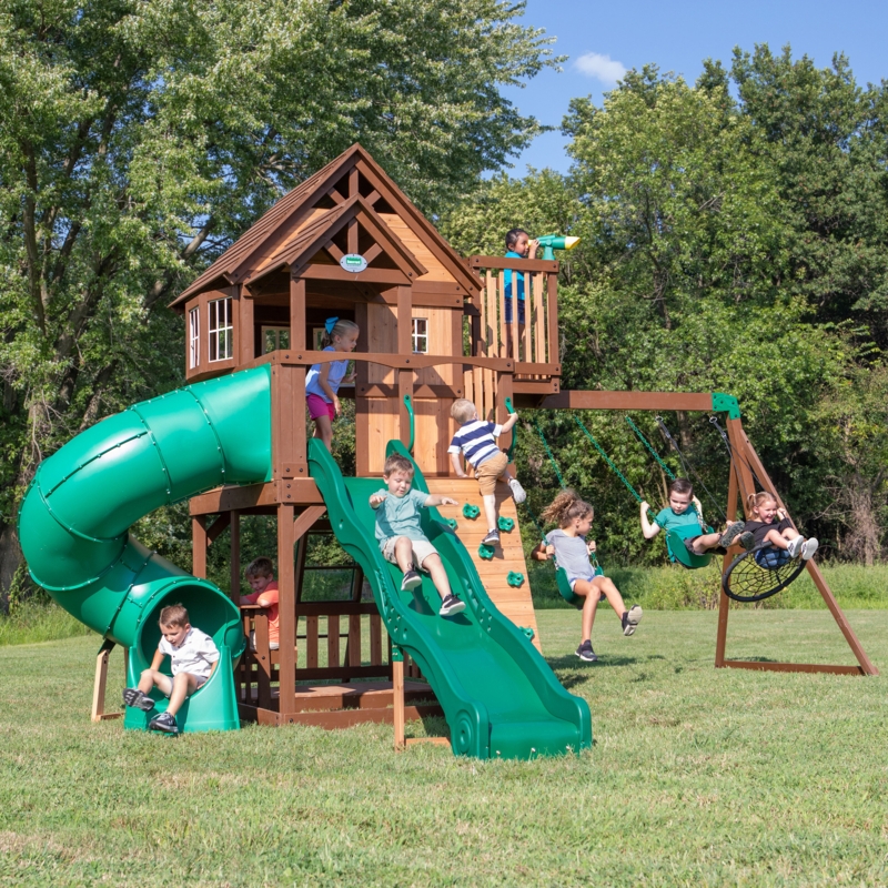 Adventure Wooden Swing Set with Dual Slides