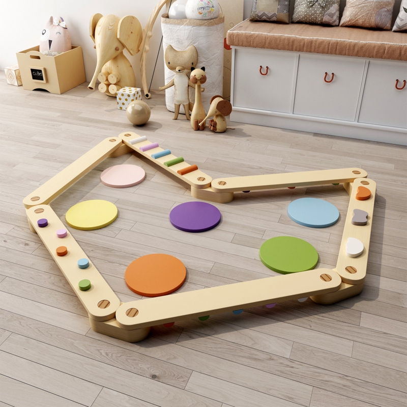 Wooden Toddler Balance Beam with Obstacles