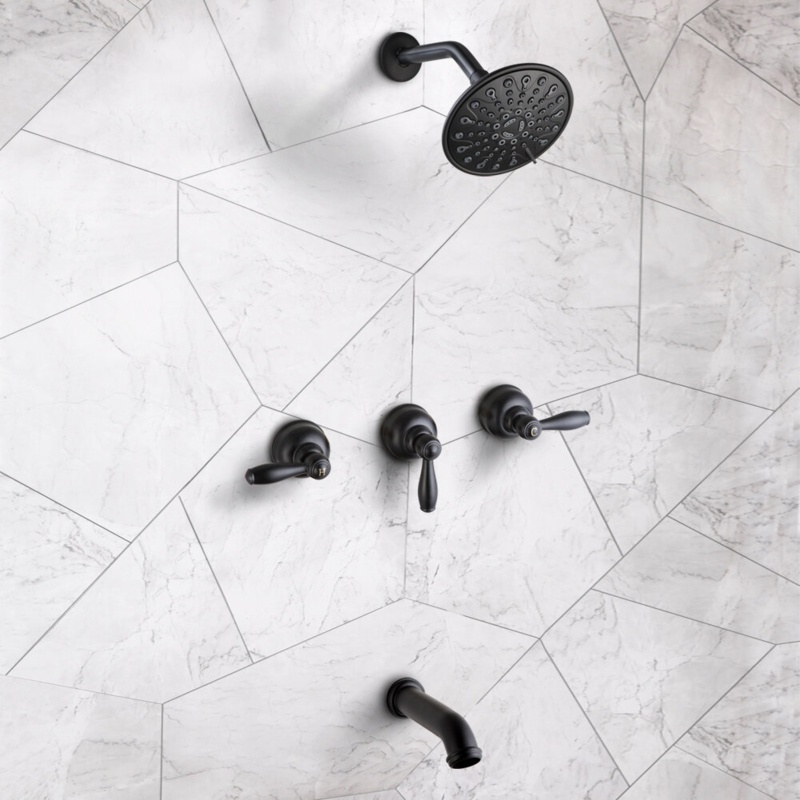 Bathroom 3 Handle Tub And Shower Faucet Set With 6 Spray Shower Head