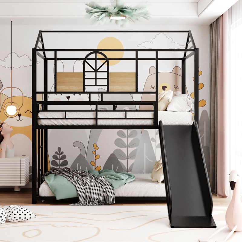 Twin Over-Twin House Bunk Bed with Slide and Shelves