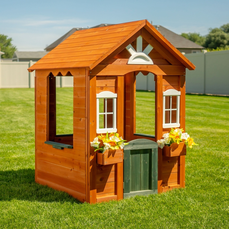 Wooden Playhouse with White Trim Windows