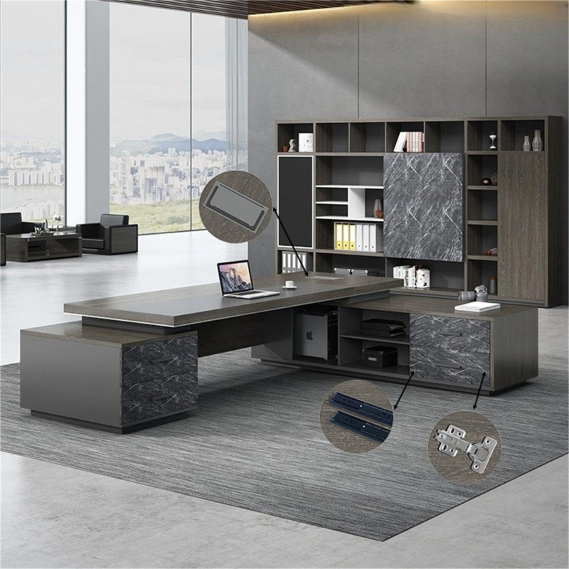L-Shaped Computer Desk with File Cabinet and Executive Chair