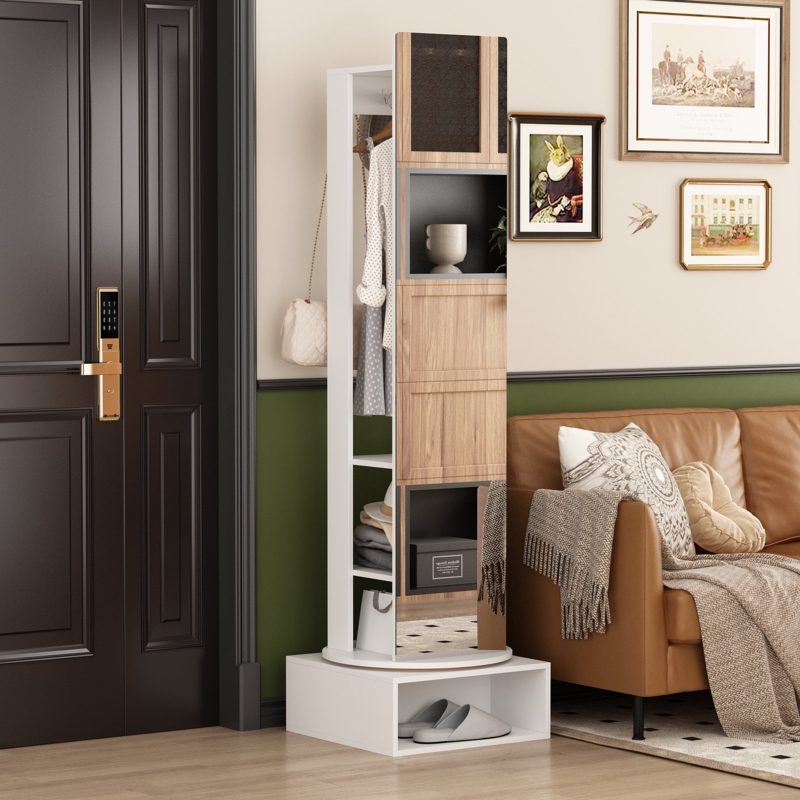Rotatable Full-Length Mirror with Coat Rack and Storage