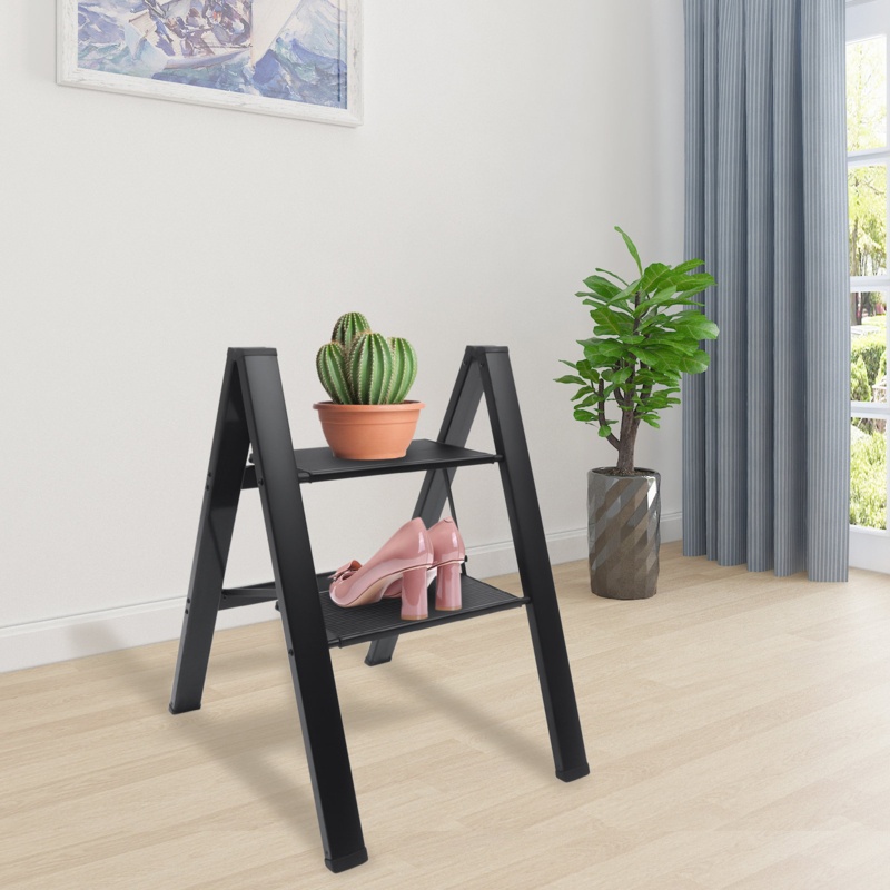 Black Multi-Use Lightweight Aluminum Portable Folding 2 Steps Ladder