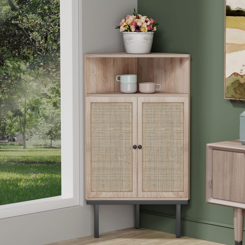 Corner Cabinet with Rattan Doors and 4-Tier Shelf