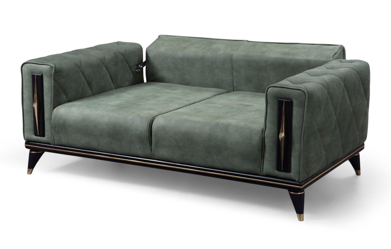 Modern Beige Suede Upholstered Loveseat with Gold Trim