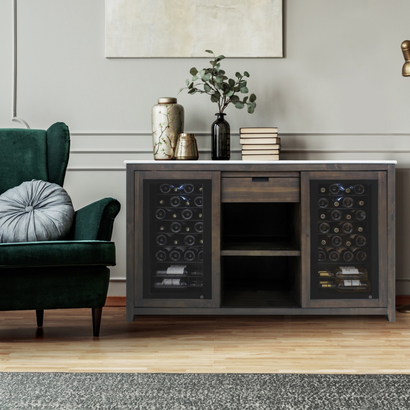 White Marble and Wood Wine Credenza