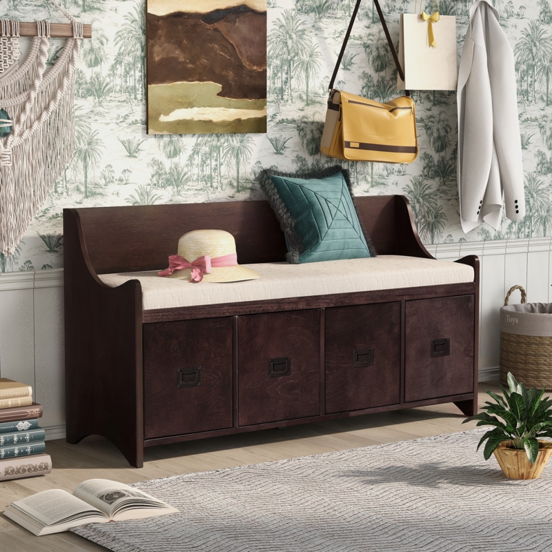 Wood Storage Bench with Cushion and Drawers