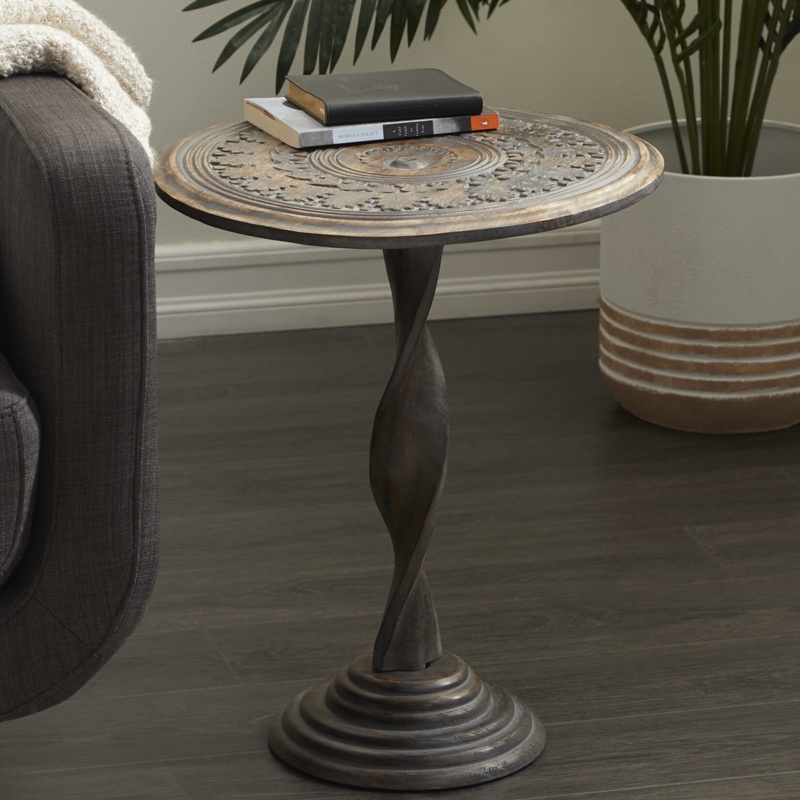 Brown Wood Handmade Intricately Carved Floral Accent Table with Spiral Leg and Elevated Base