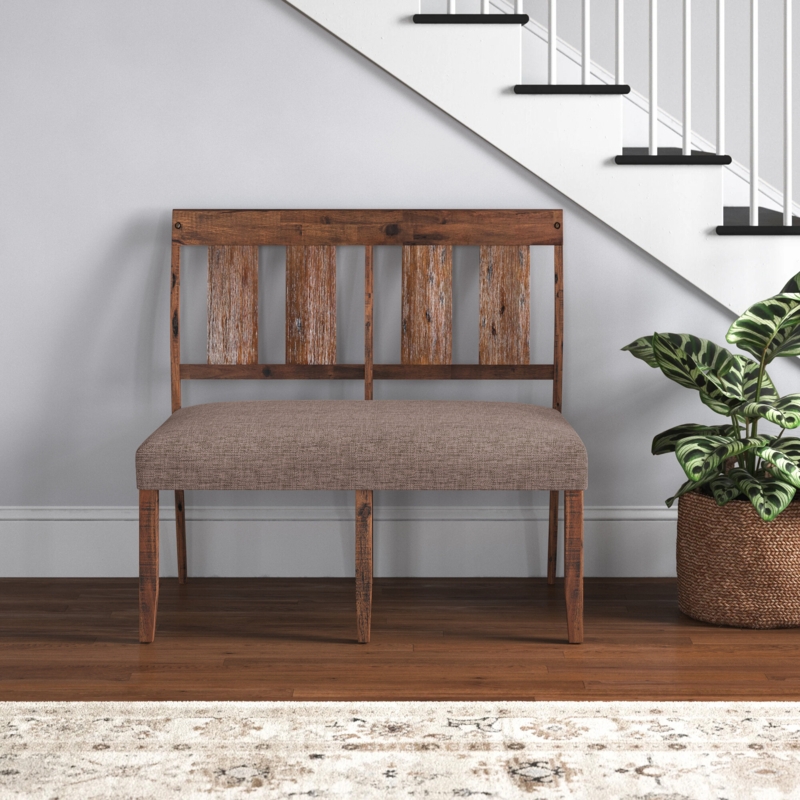 Rustic Upholstered Bench with Slatted Back