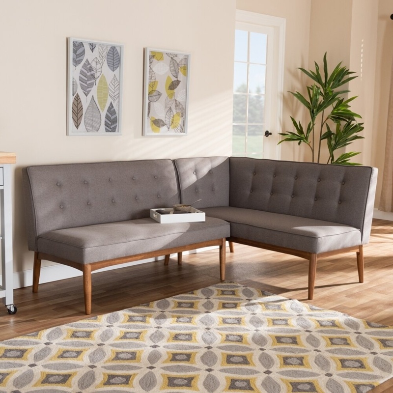 Bulle Mid-Century Modern Gray Fabric Upholstered 2-Piece Wood Dining Nook Banquette Set
