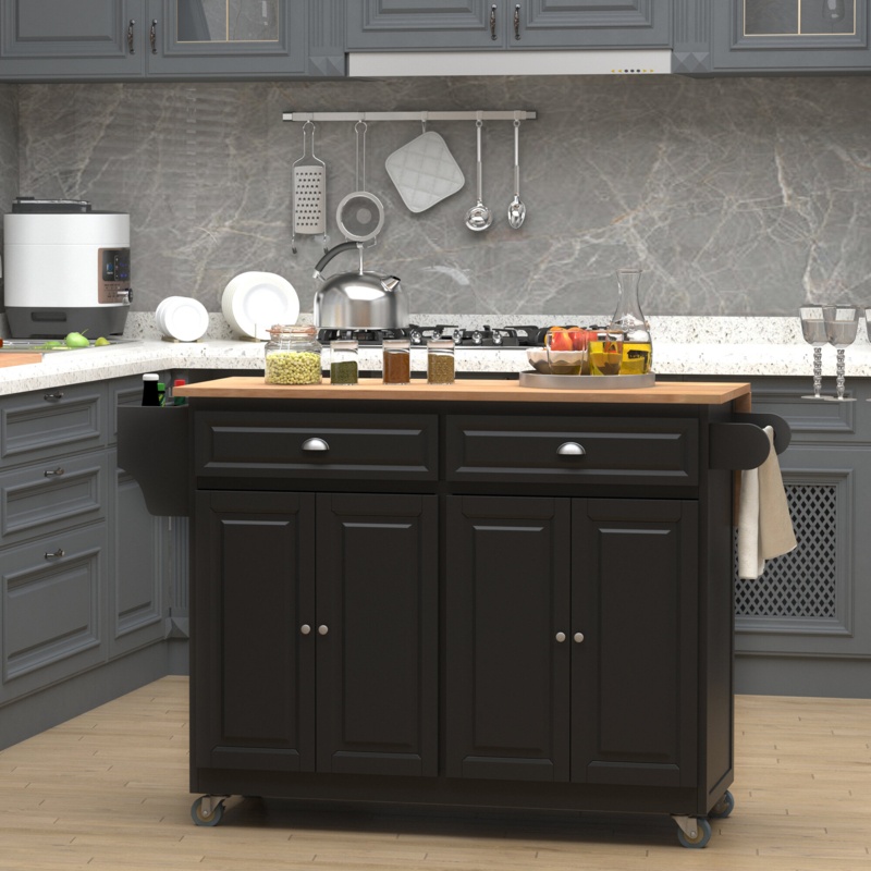 Bundrage 57.48'' Wide Rolling Kitchen Cart with Solid Wood Top