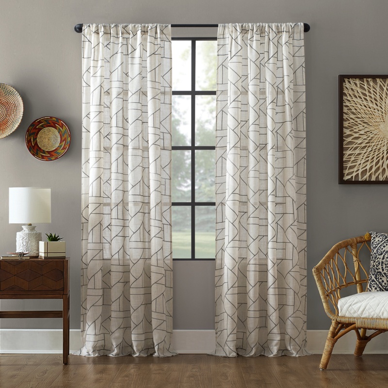 Burston Archaeo Capri Jigsaw Embroidery Linen Blend Semi-Sheer Rod Pocket Curtain Panel