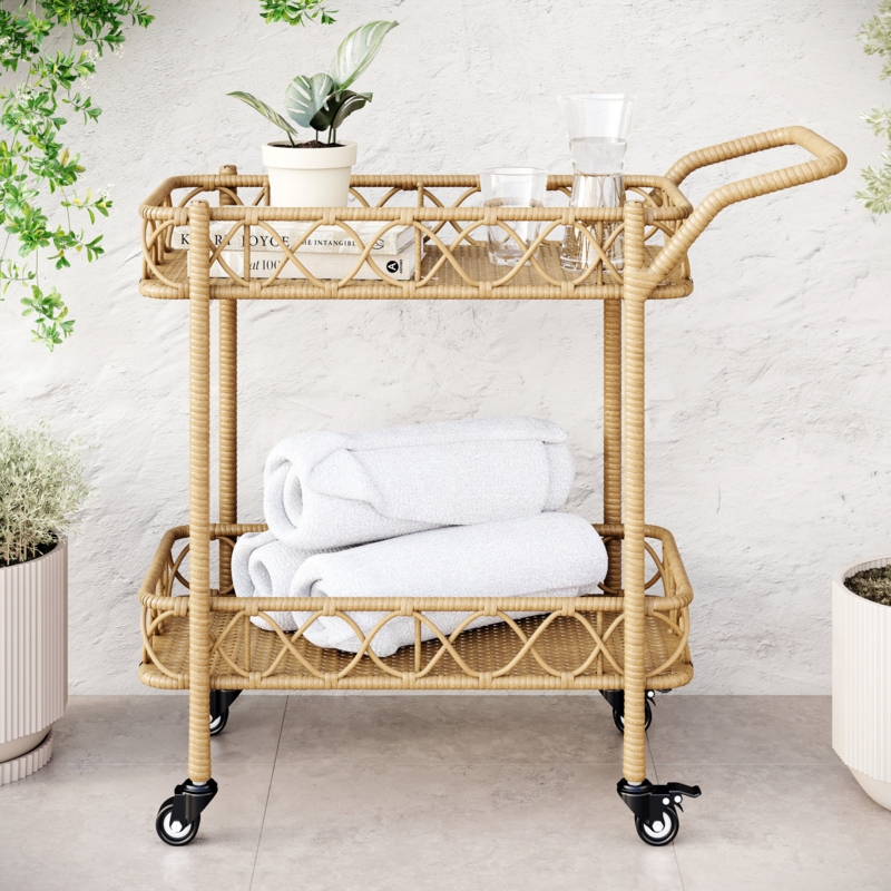 Two-Shelf Boho Wicker Bar Cart