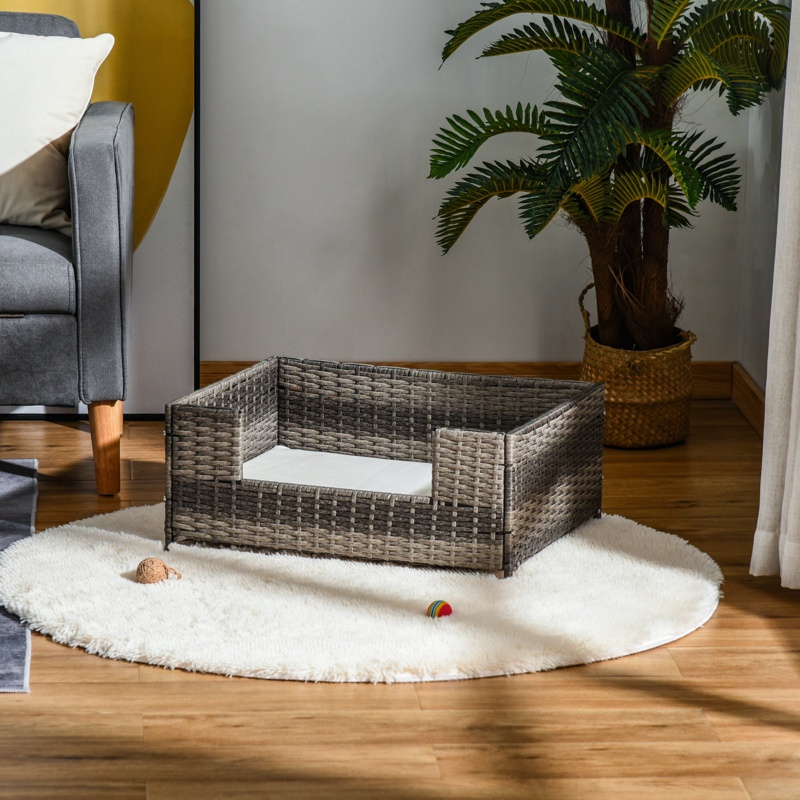 Cadel Rattan Pet Bed Raised Wicker Small Animal Indoor & Outdoor with Soft Water-Resistant Cushion Dog Sofa