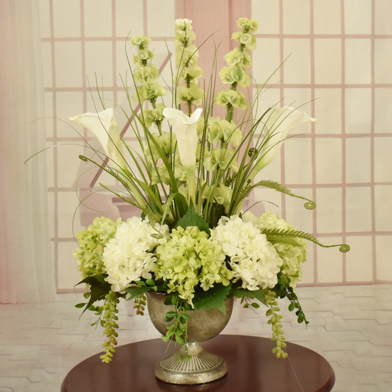 Calla Lily And Hydrangea Silk Floral Design In Silver Urn