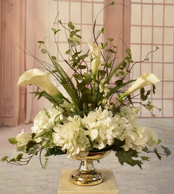 Calla Lily Hydrangea and Orchid Centerpiece in Decorative Vase
