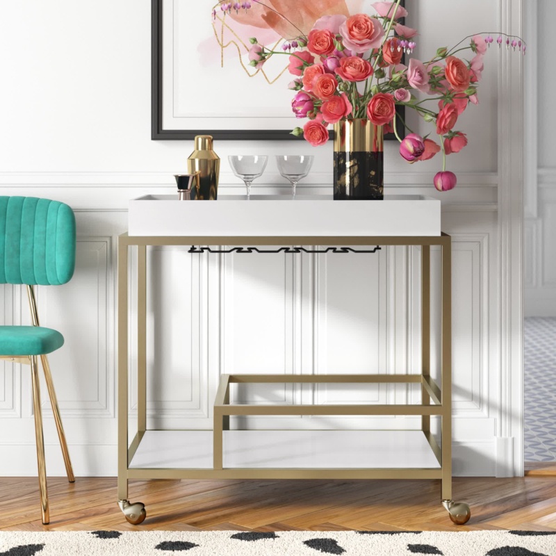 Modern Rolling Bar Cart with Stemware Rack