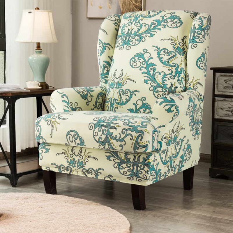 Stretchy T-Cushion Floral Printed Wing Chair Slipcover