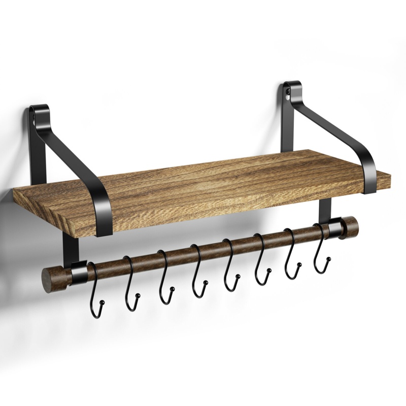 Solid Wood Wall Shelf with Hooks