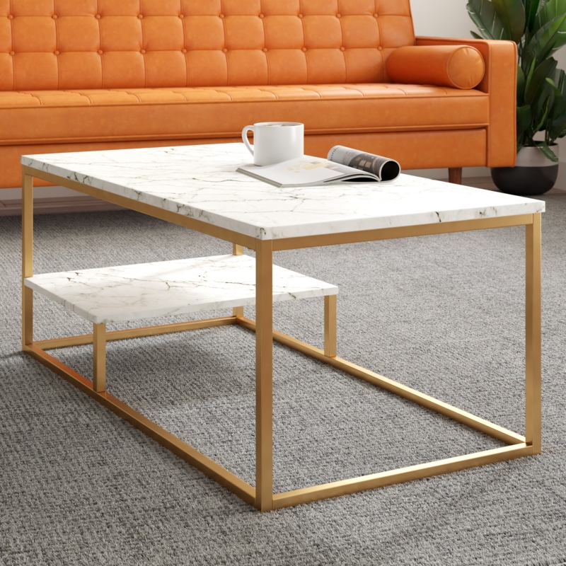 Marble-Grained Coffee Table with Shelf