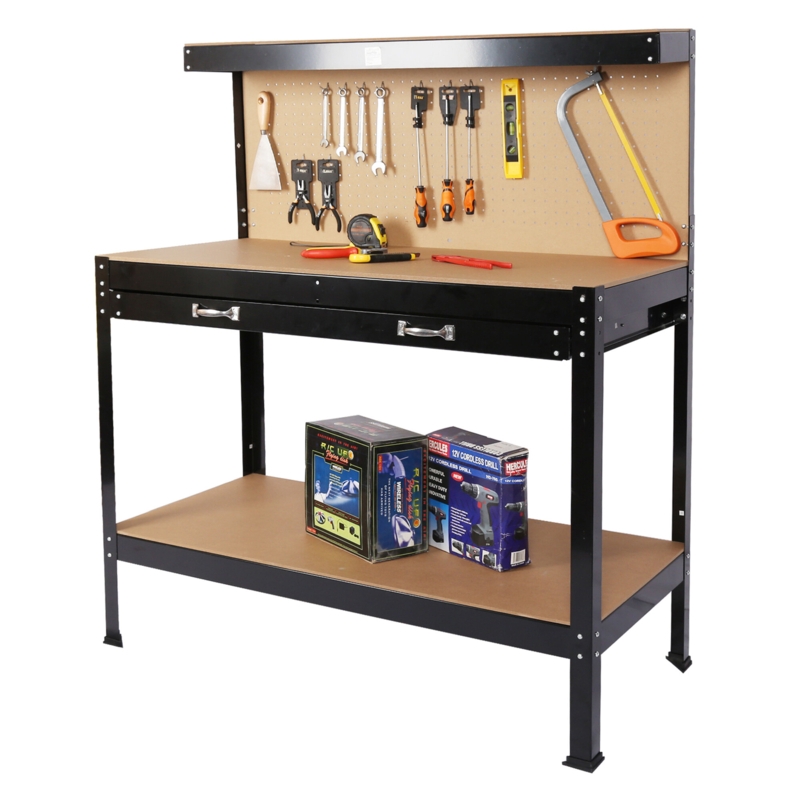 Steel Workbench with Storage and Pegboard
