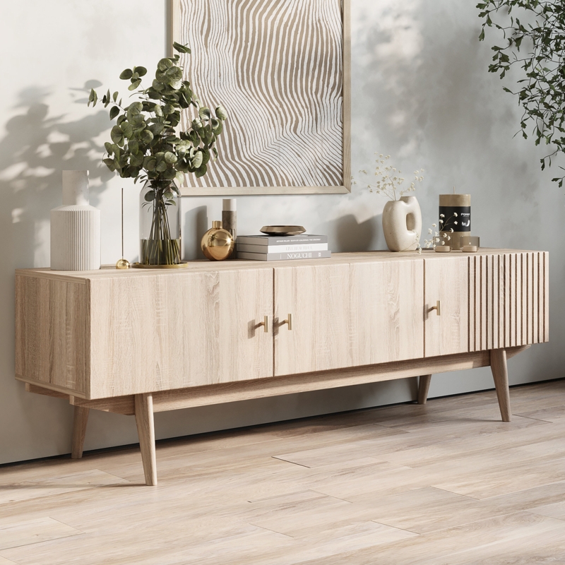 Slatted TV Stand for 65 Inch TV with Storage