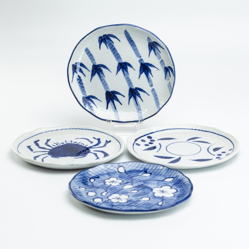 Cassell Hand Painted Blue White Appetizer Plates, Assorted Set Of 4