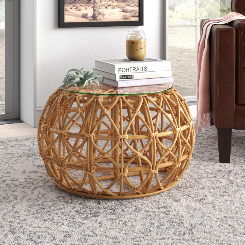 Natural Wicker Coffee Table with Glass Top
