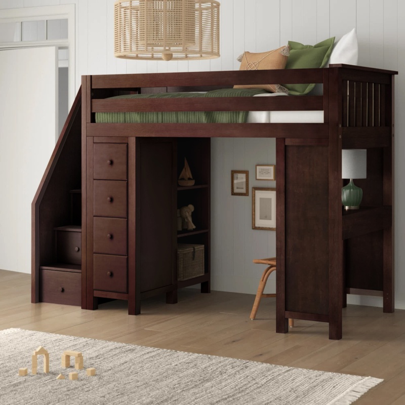 Cavallo Twin 8 Drawer Solid Wood Loft Bed with Bookcase by Sand & Stable™ Baby & Kids