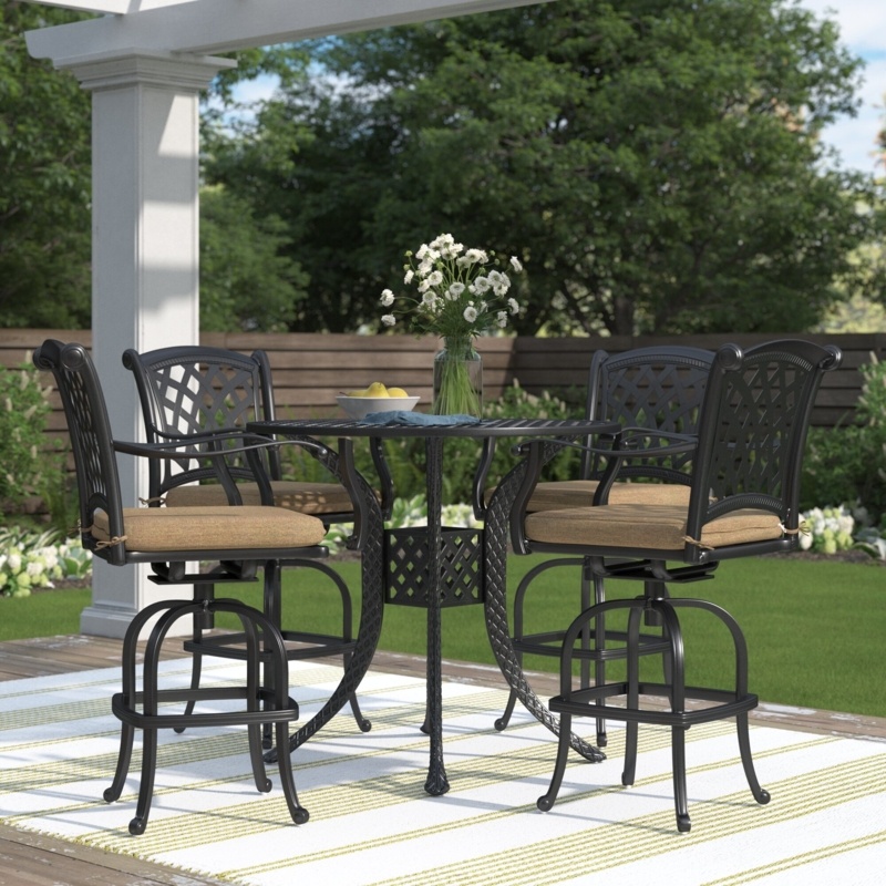 Channahon 5-Piece Patio Bar Set with Cushions and 42'' Round Bar Table