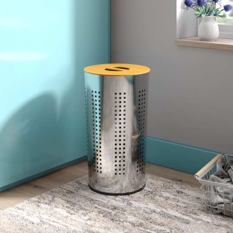 Sleek Metal Laundry Hamper with Wooden Lid