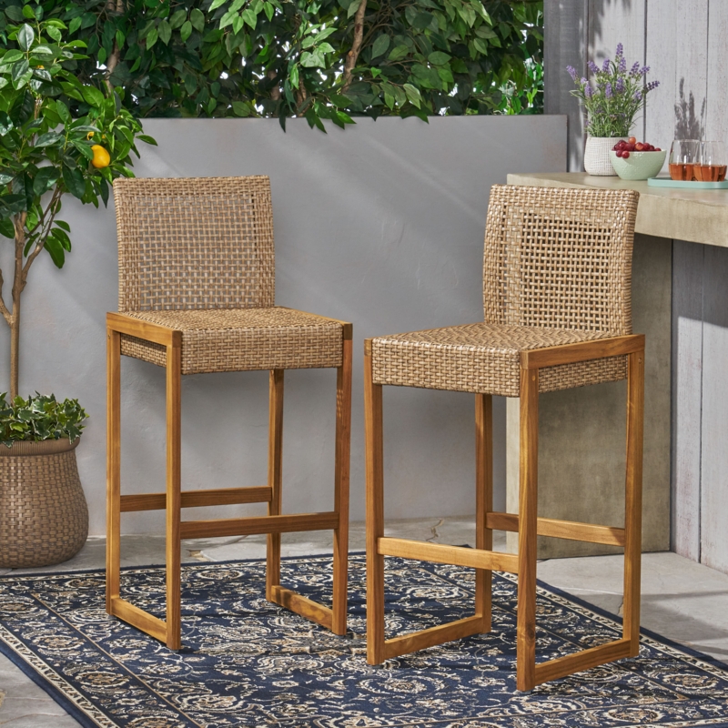 Acacia Wood and Wicker Outdoor Barstools (Set of 2)