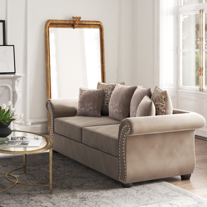Ornate Dark Brown Sofa with Throw Pillows