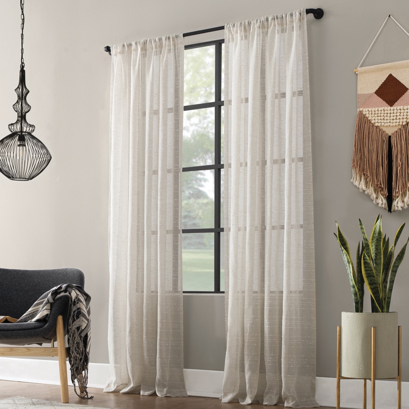 Clean Window Aya Anti-Dust Textured Slub Stripe Linen Blend Sheer Rod Pocket Curtain Panel