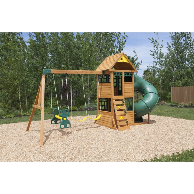 Two-Level Playset with Tube Slide and Swings