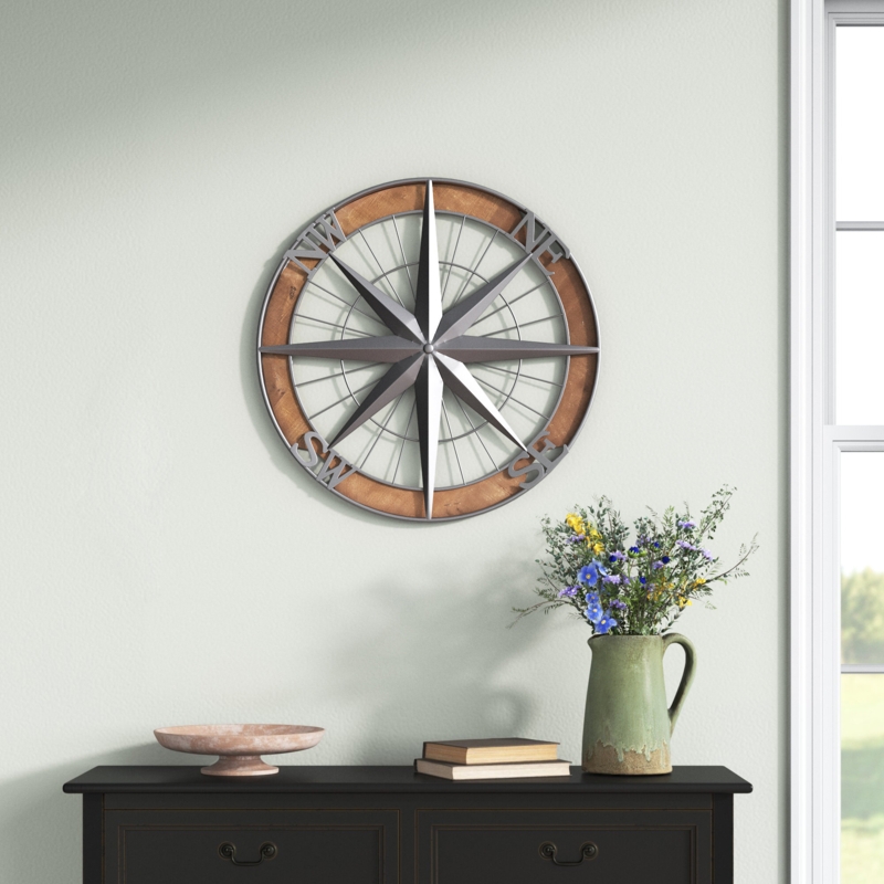 Metal Compass Wall Decor with Rustic Wooden Frame