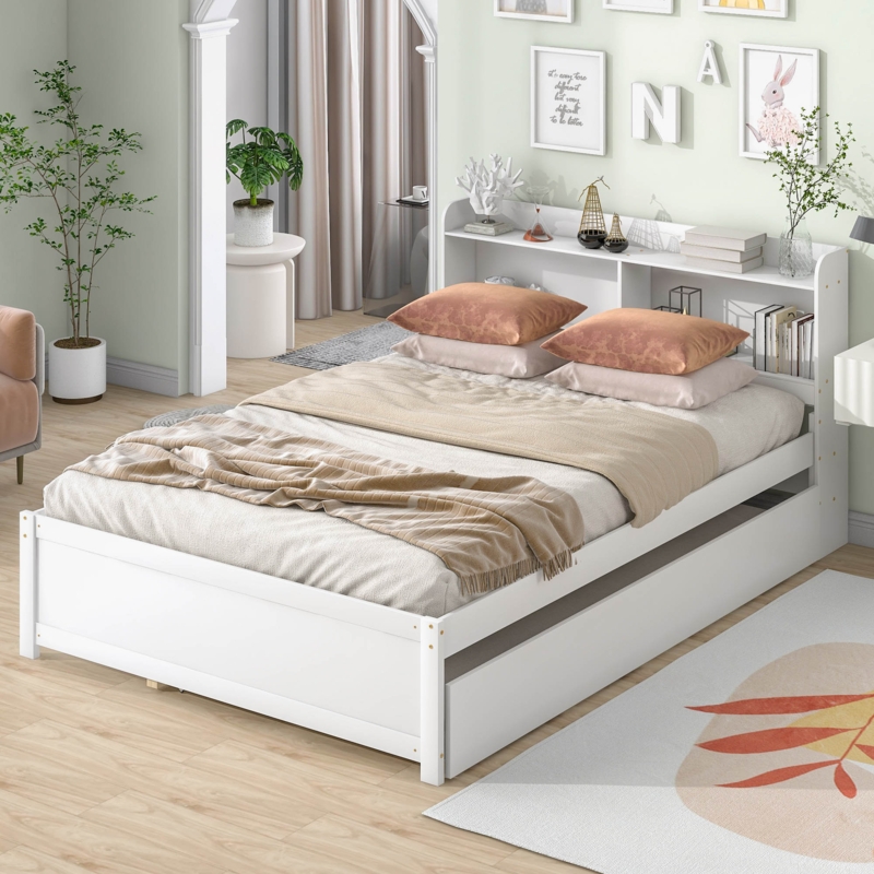 Multifunctional Bookshelf Headboard with Trundle