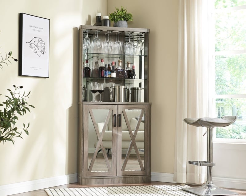 Corner Bar Cabinet with Mirrored Panels