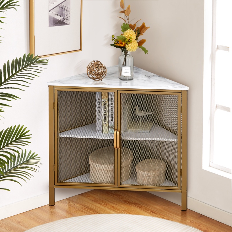 Corner End Table Shelf, 3-Tier Display Shelves with Protection Door, Metal Frame Storage Cabinet Org