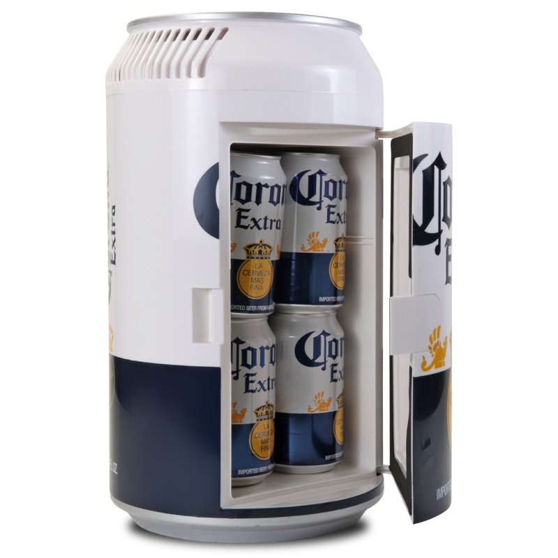 Corona 12V 8 Cans Portable Mini Fridge, 5.4L Beer Can Shaped Personal Cooler, 5.7 qt Travel Fridge White