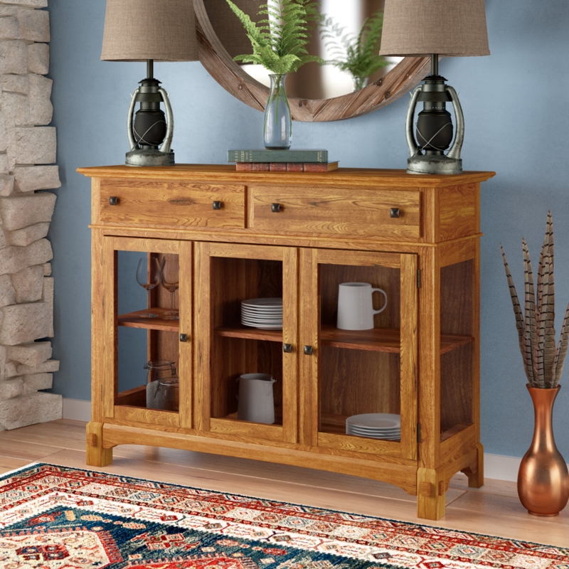 Oak Wood Sideboard with Glass Cabinets