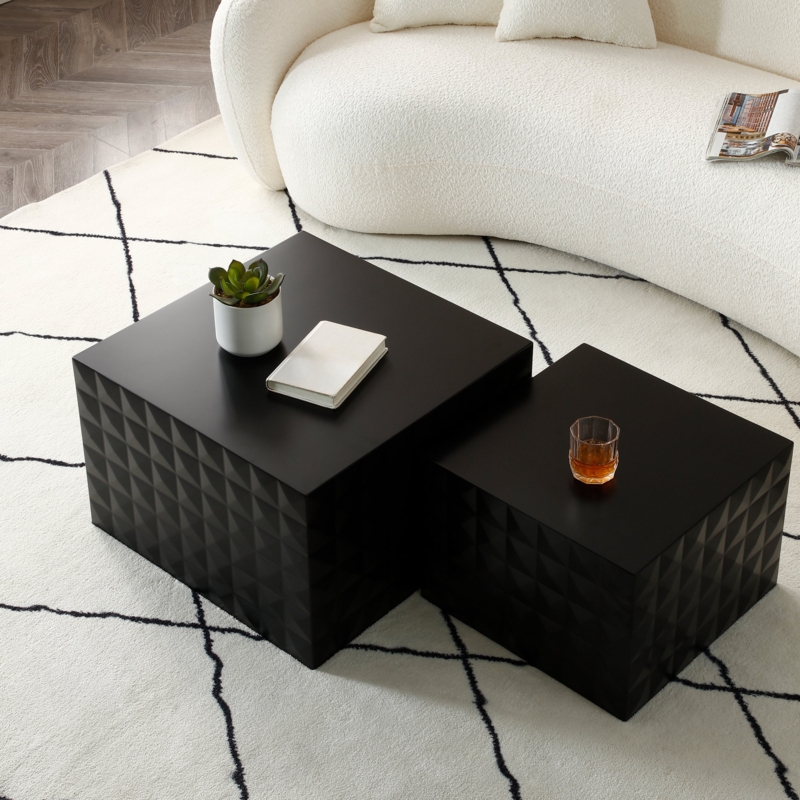 Square Nesting Tables Set with Handcrafted Relief