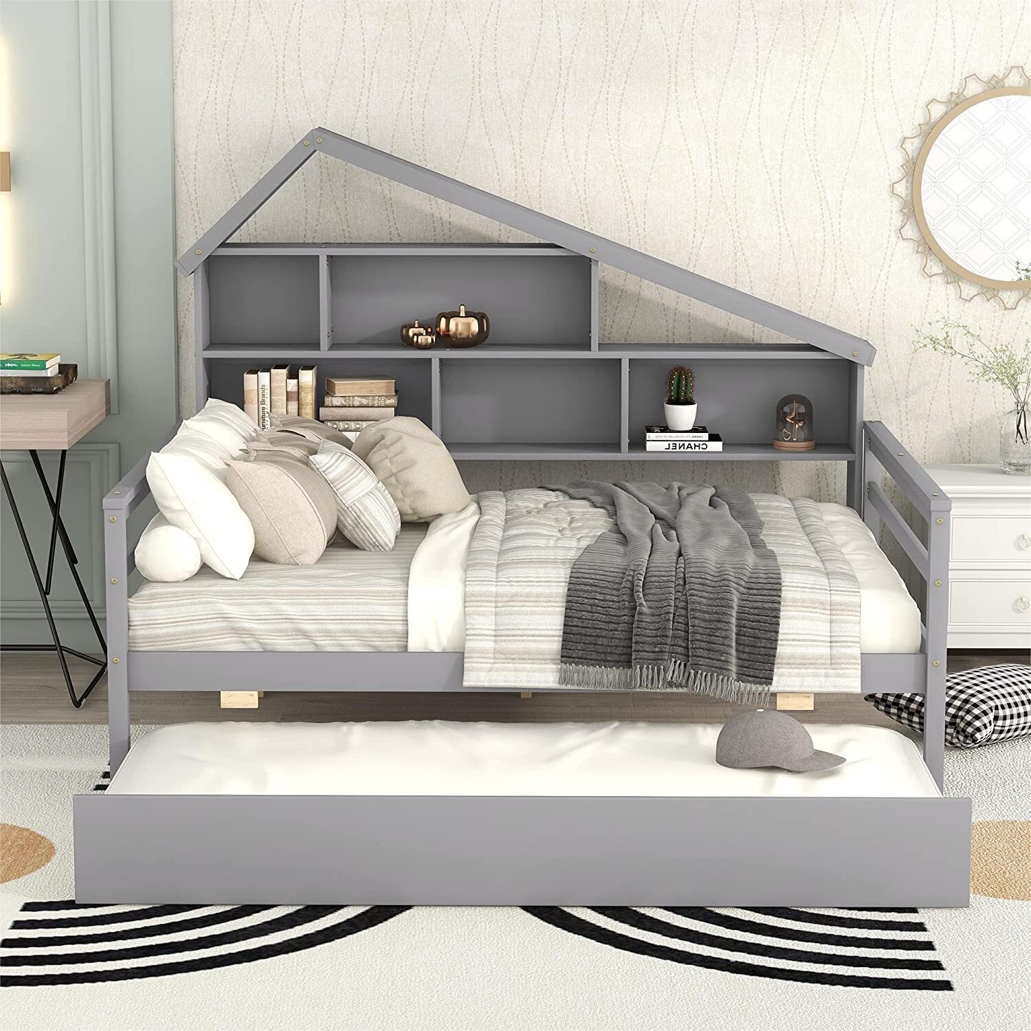 Daybed With Shelves and Asymmetrical Design