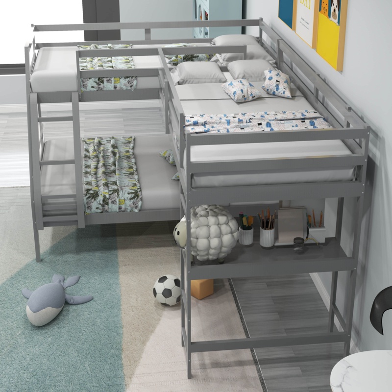 Deloy Twin Over Full & Twin L-Shaped Bunk Beds with Built-in-Desk