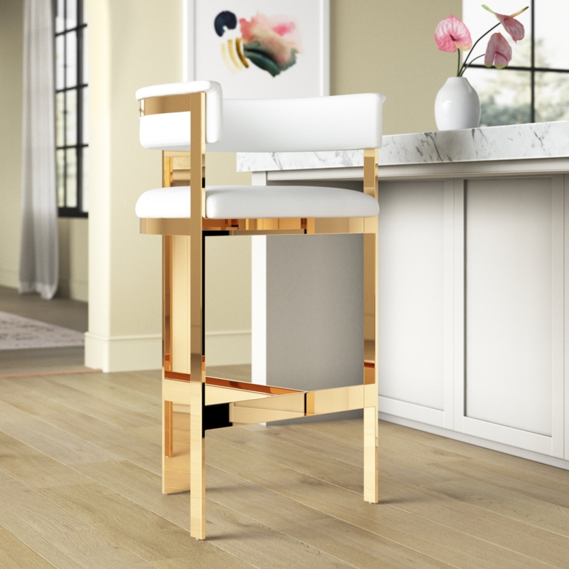 Gold-Finished Tripod Barstool with White Faux Leather